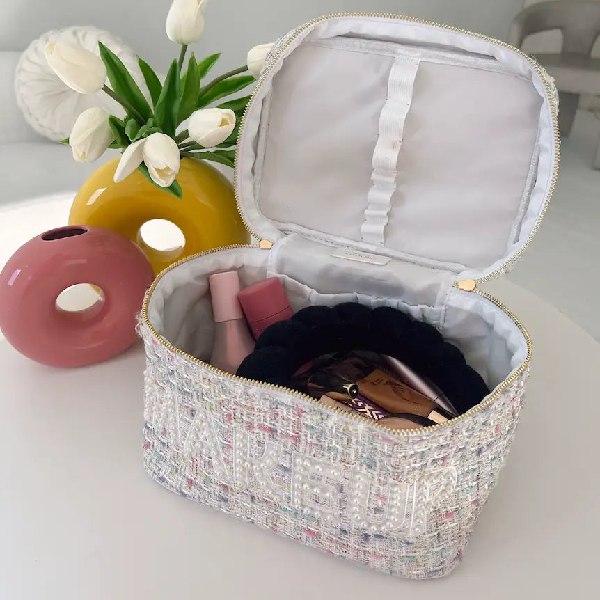 Makeup Bag (Open Top - White Tweed Large)