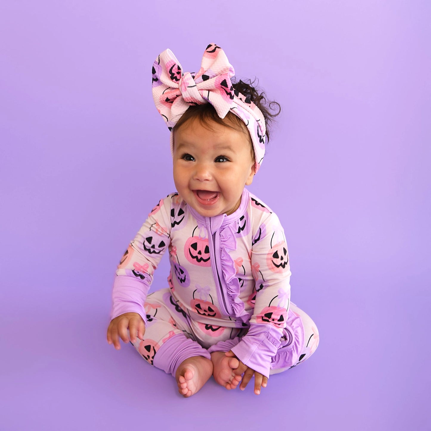 Emmy Ruffle Zip Bamboo Halloween Pumpkins Baby Outfit