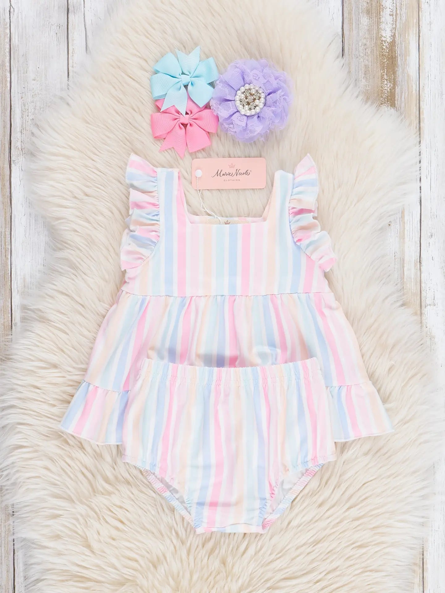Pastel Striped Flutter Sleeve Top & Bloomers Set