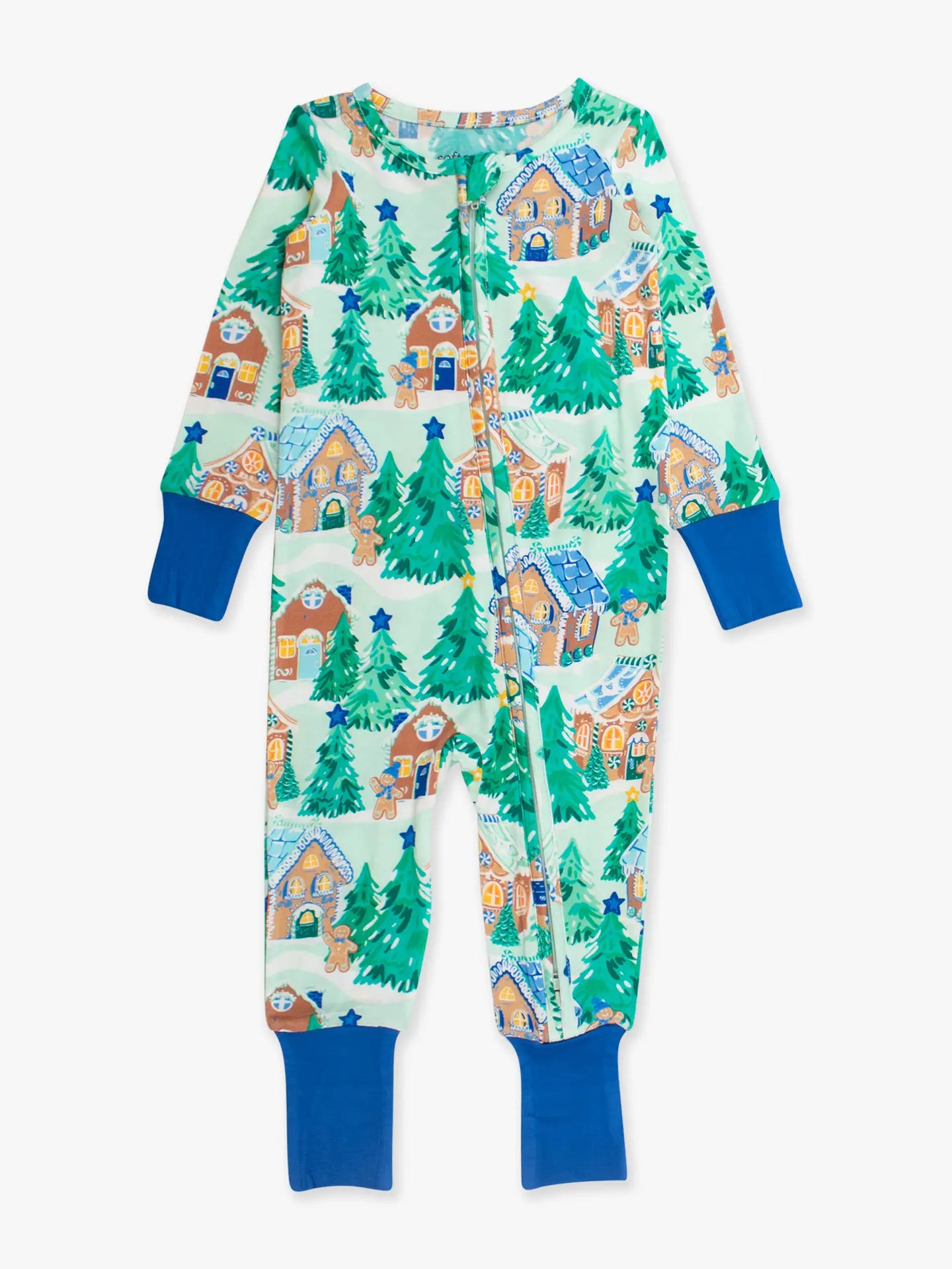 Softsnooze™ Baby Bamboo Viscose Blue Jolly Gingerbread Convertible One Piece Footie Pajama