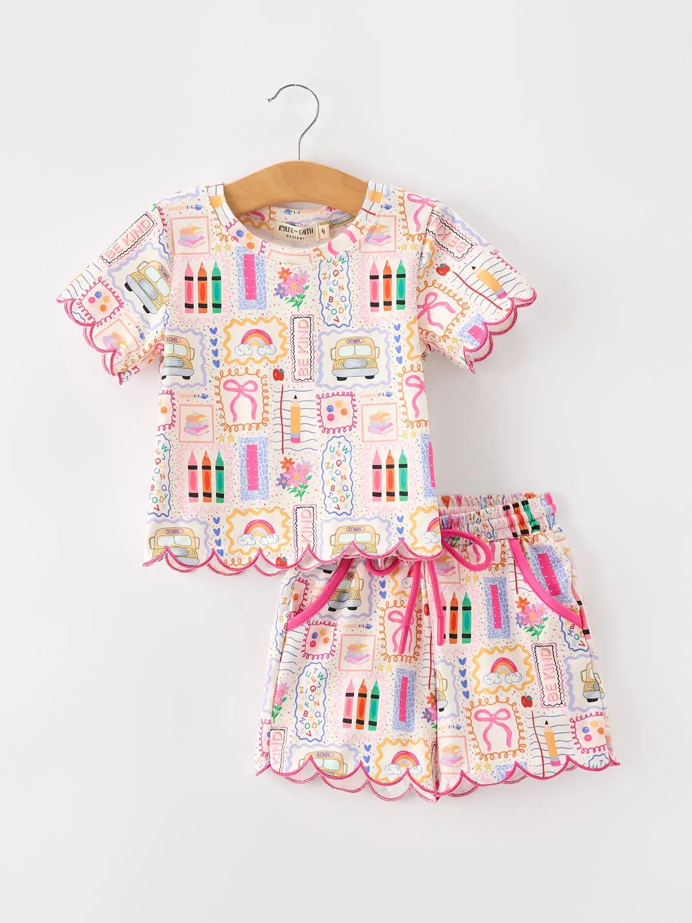 PREORDER Back To School Print Girl Short Set Scallop Hem *sold as set