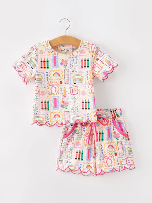 PREORDER Back To School Print Girl Short Set Scallop Hem *sold as set