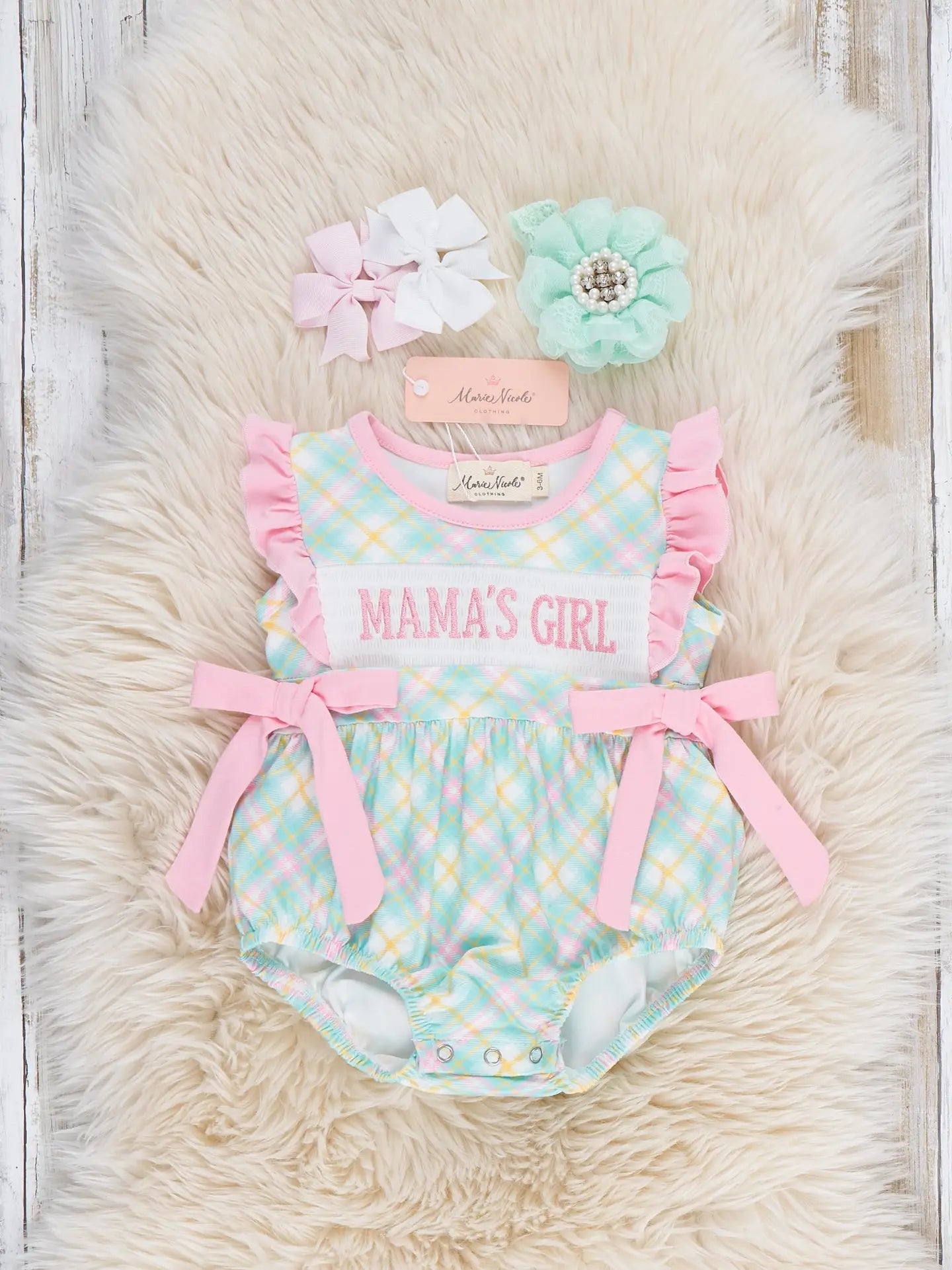 Mama’S Girl Pastel Plaid Smocked Ruffle Bubble Romper