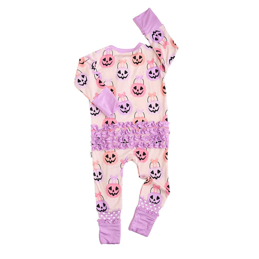 Emmy Ruffle Zip Bamboo Halloween Pumpkins Baby Outfit