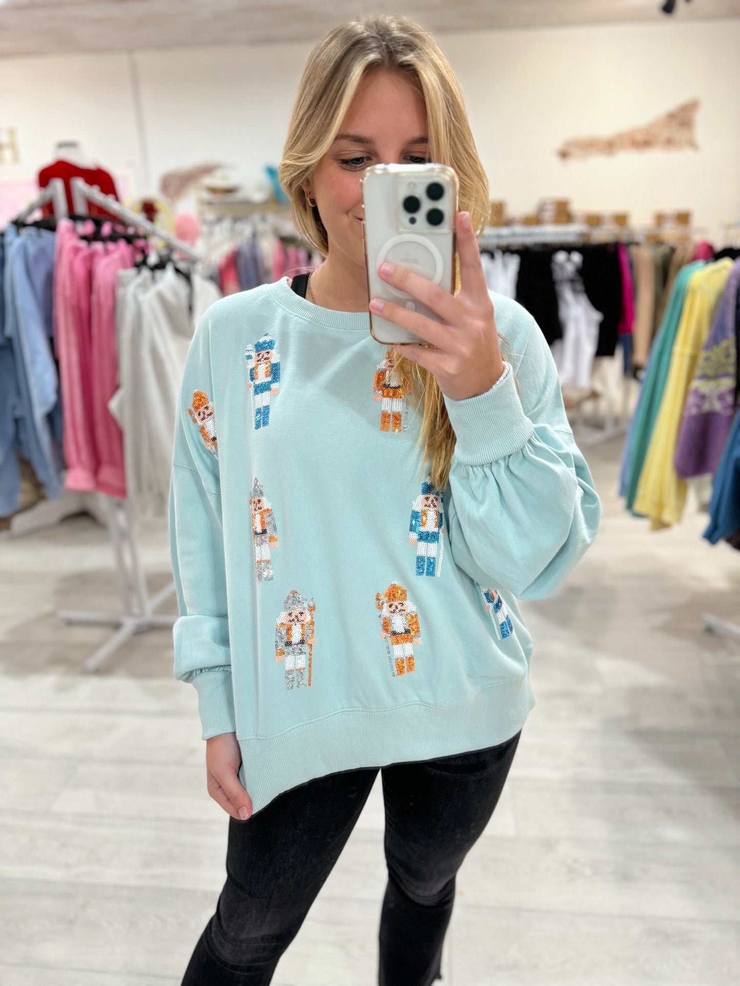 Sequin Nutcrackers Christmas Top (Baby Blue)