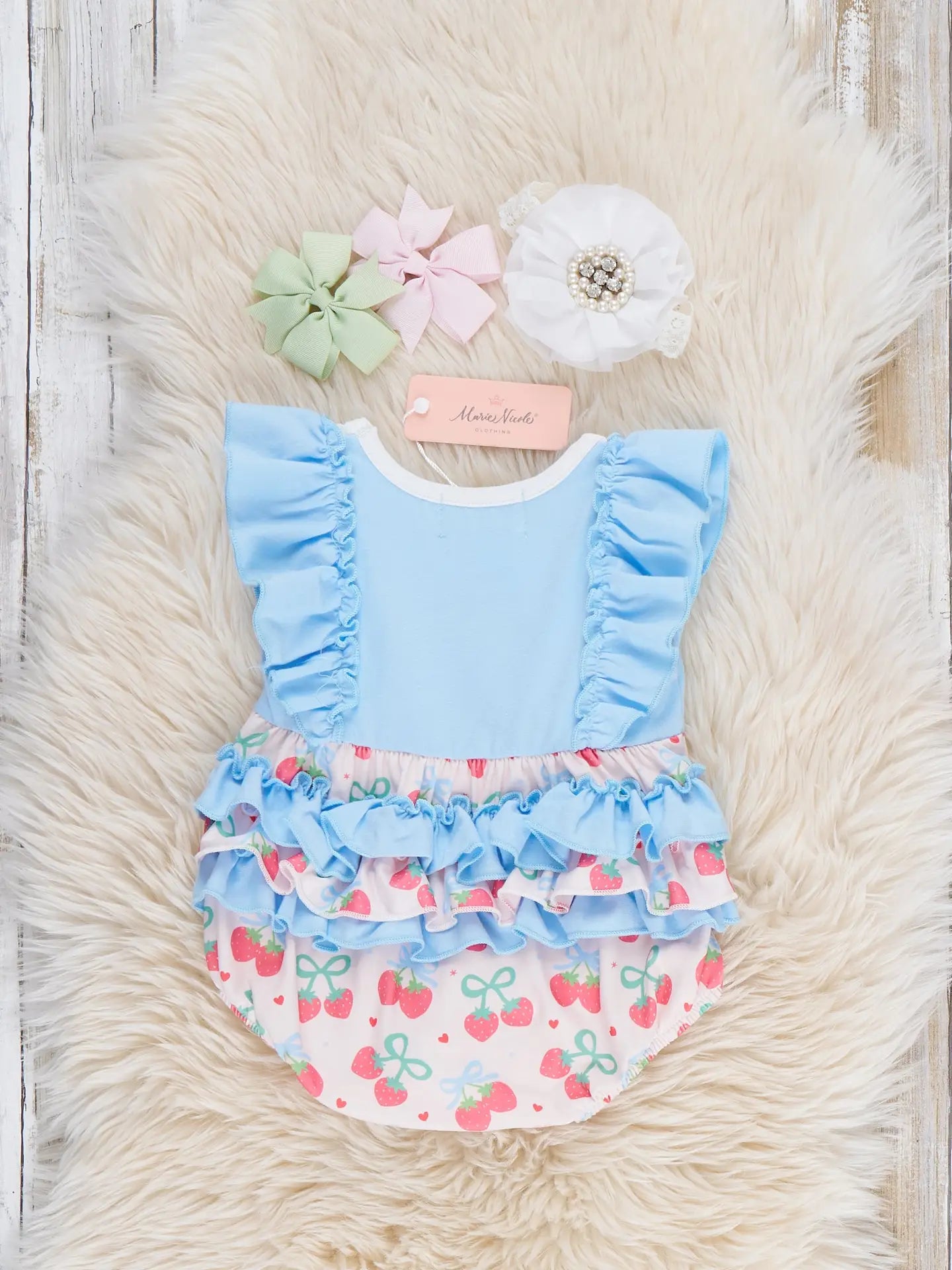 Strawberry Bow Embroidered Ruffle Bubble Romper