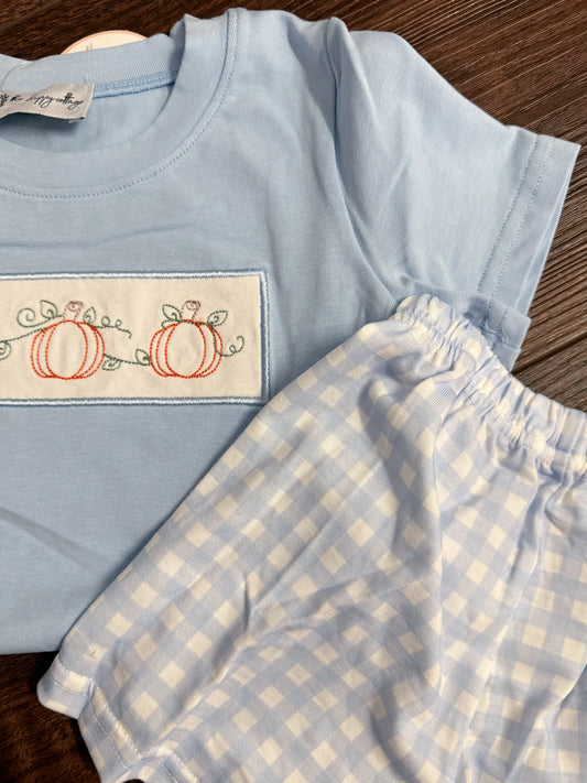 Blue Pumpkin Embroidery Gingham Shorts Set