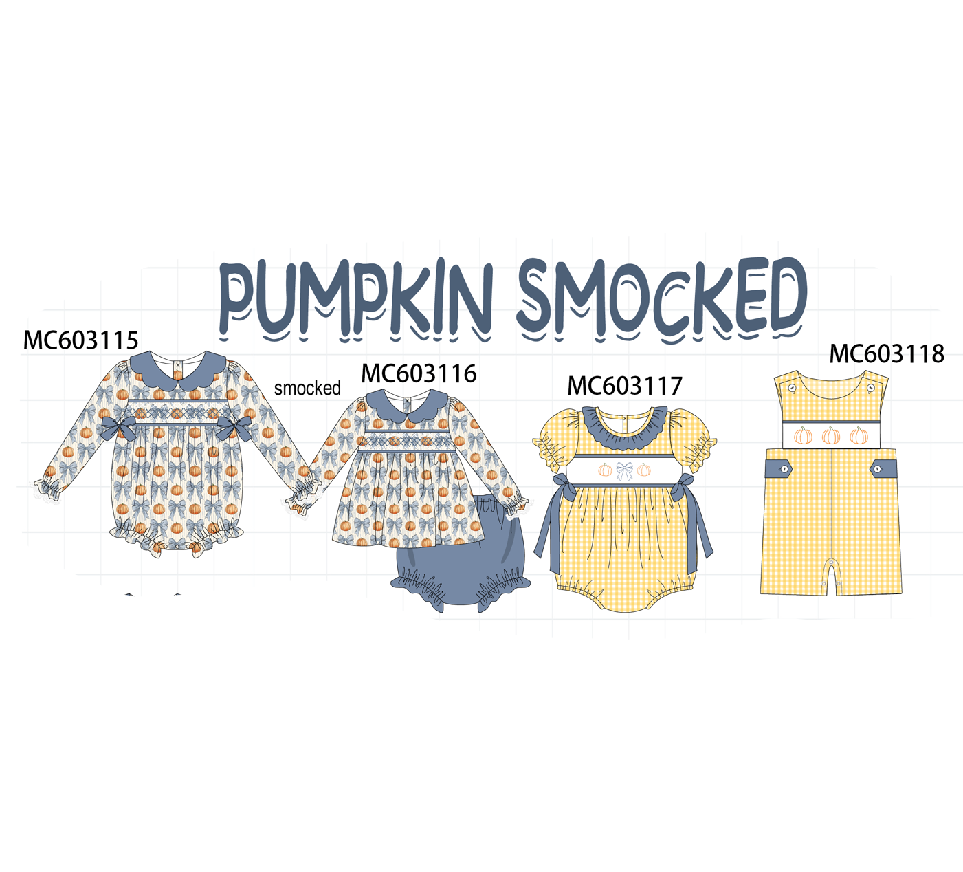 PO83 Blue pumpkin bow smocked gingham collection 1