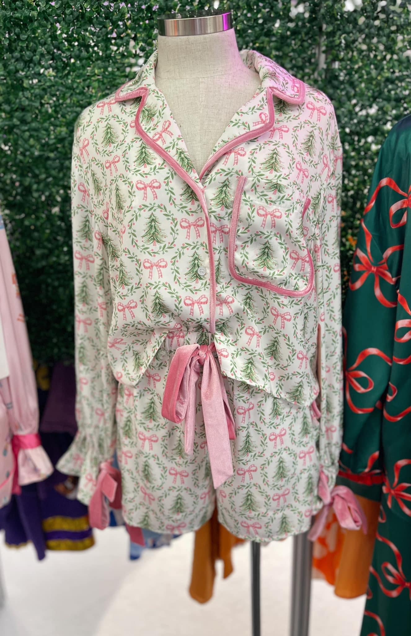 Satin Christmas Tree & Bow Prints Pajama Set *sold as set