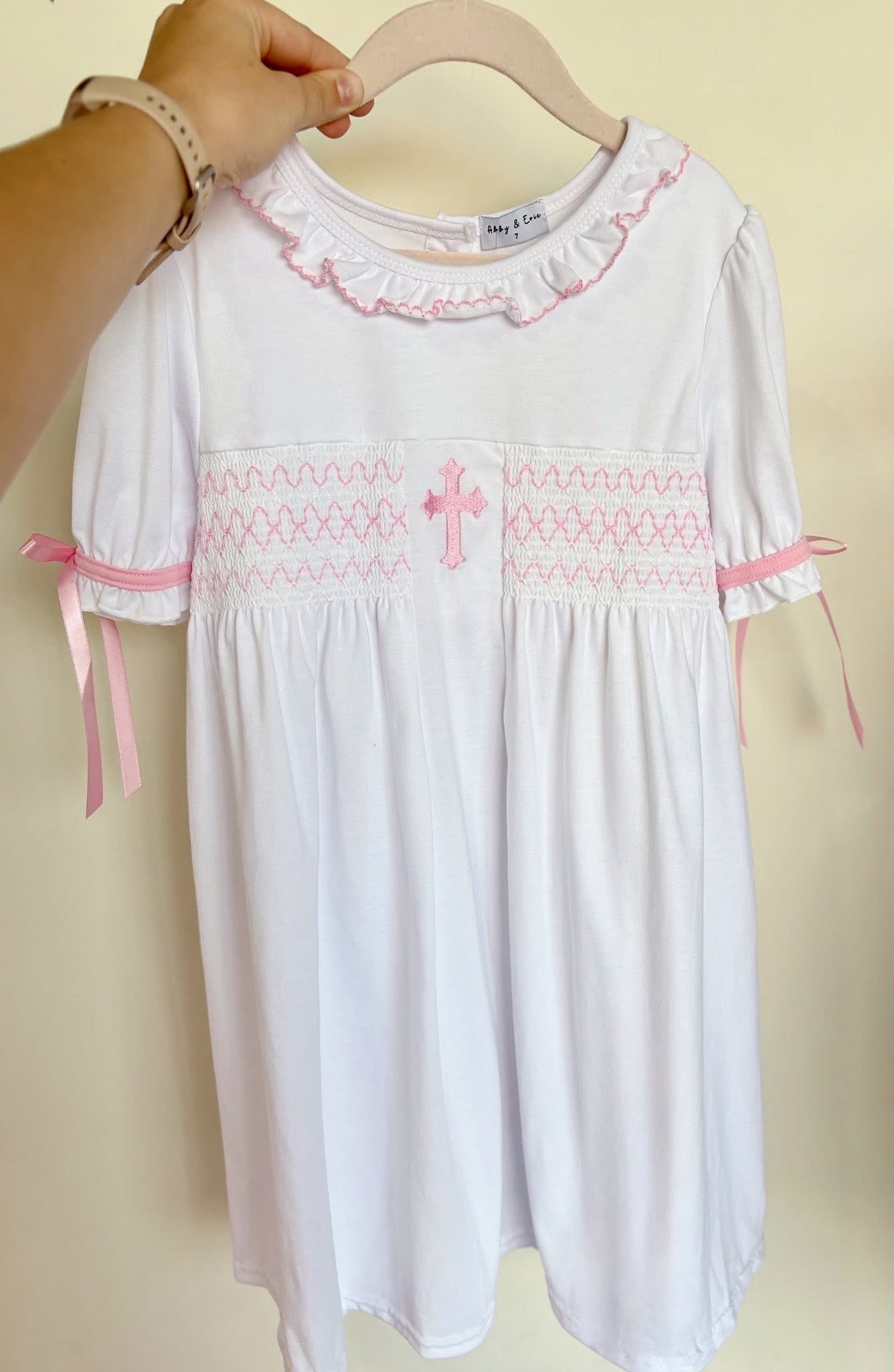 White Cross Smocked Ruffle Dress