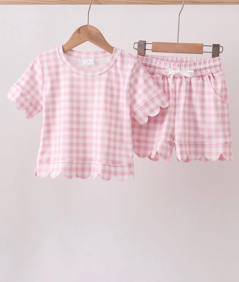Pink Gingham Scalloped Shorts Set