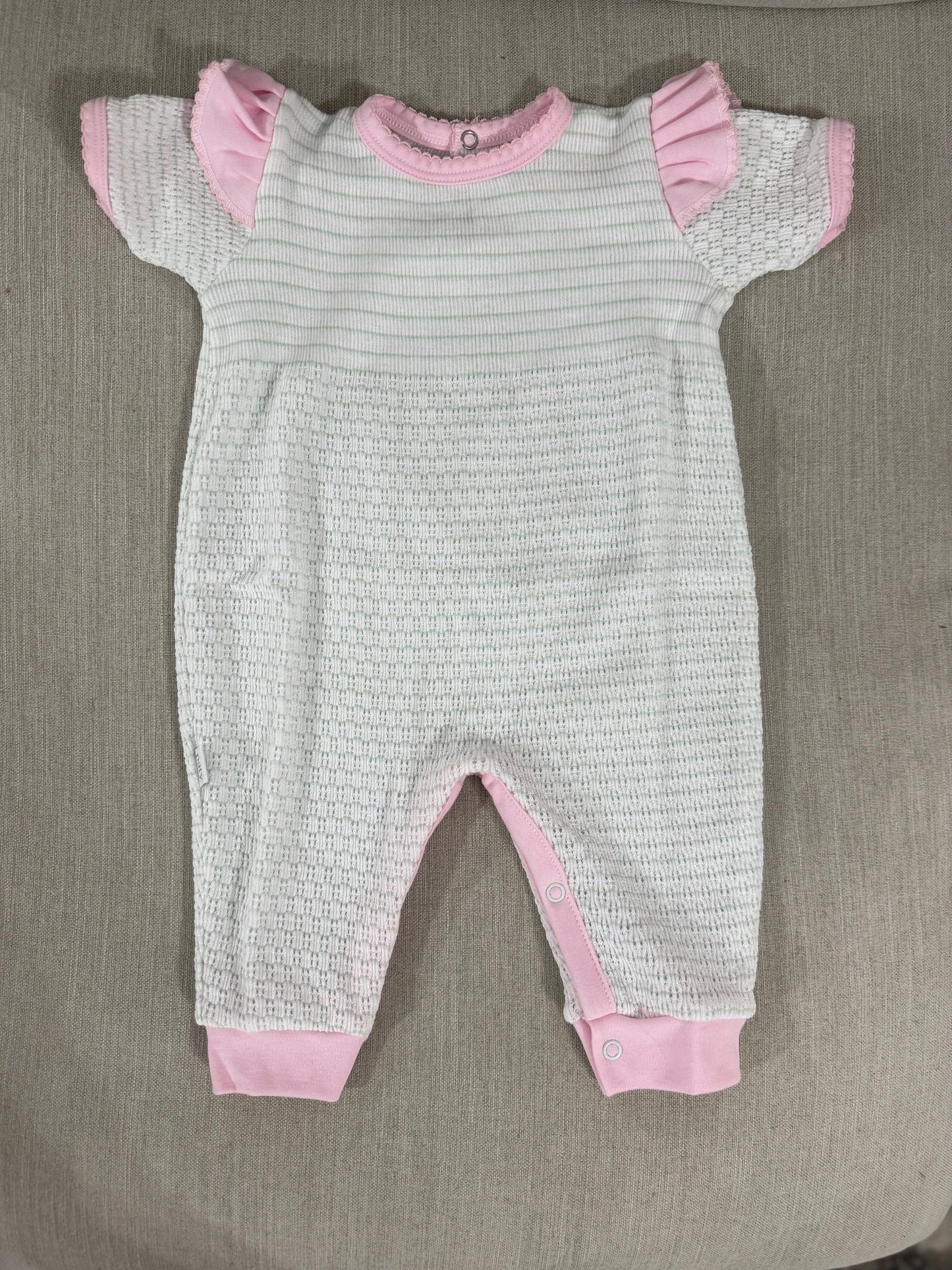 Short Sleeve Pinstripe Romper with Ruffle Shoulder Trim (Mint with Pink Trim)
