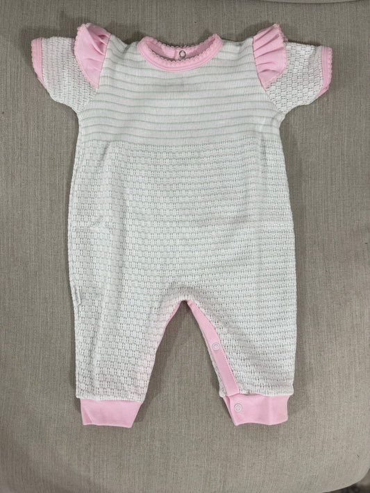 Short Sleeve Pinstripe Romper with Ruffle Shoulder Trim (Mint with Pink Trim)