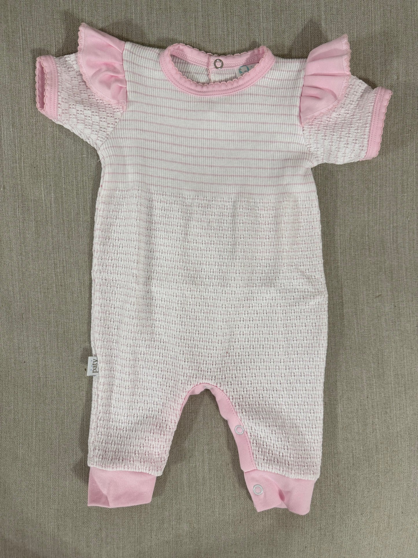Short Sleeve Pinstripe Romper with Ruffle Shoulder Trim (Pink with Pink Trim)