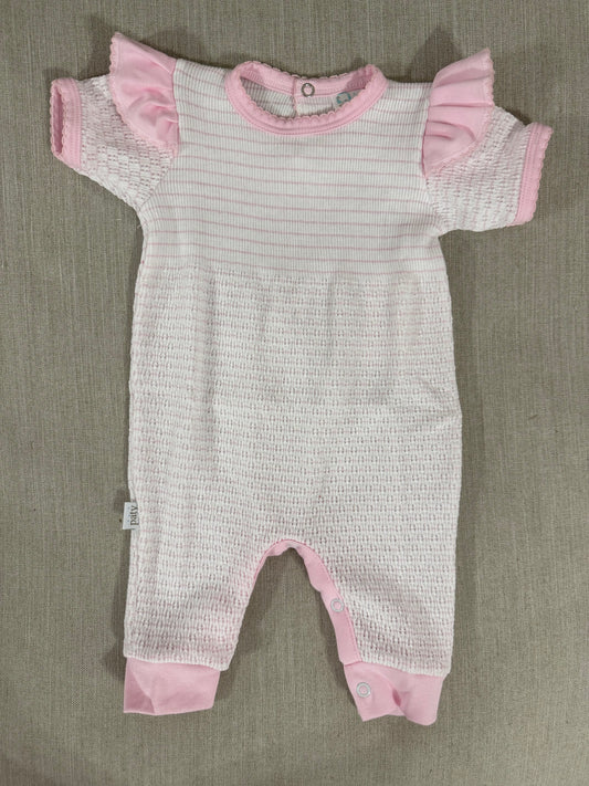 Short Sleeve Pinstripe Romper with Ruffle Shoulder Trim (Pink with Pink Trim)