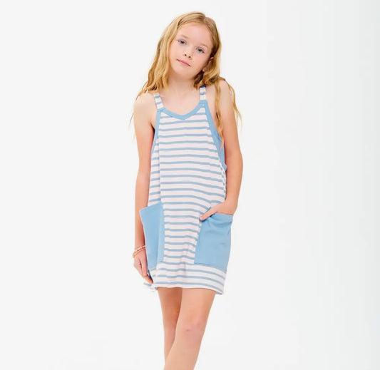 *PREORDER* Tween Striped Dress with Built in Romper (Light Blue)