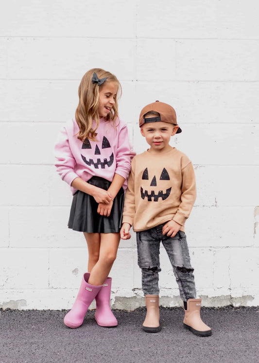 Pumpkin Smiley | Kids Fall + Halloween Sweatshirt (Pink)