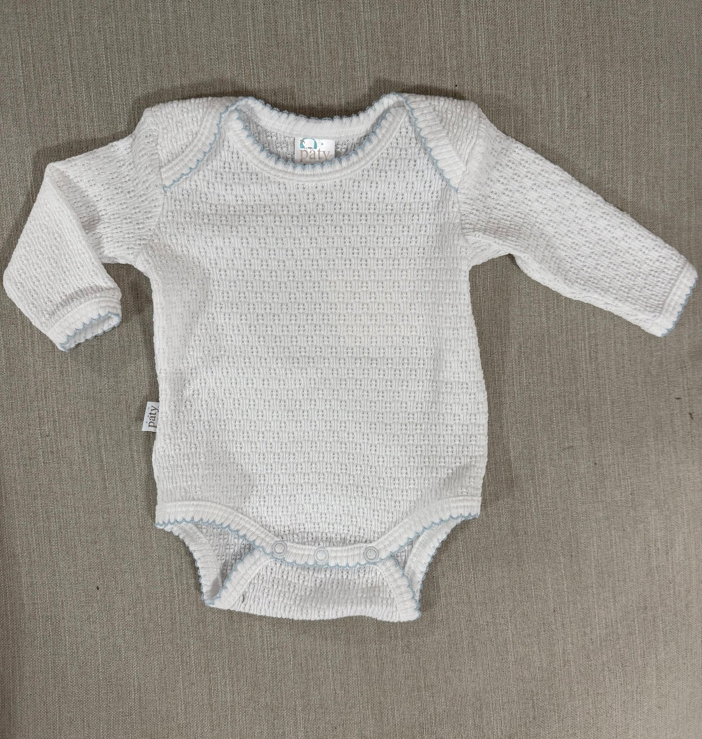 Paty Knit Overlap Shoulder Onesie (Long Sleeve) (Blue Trim)