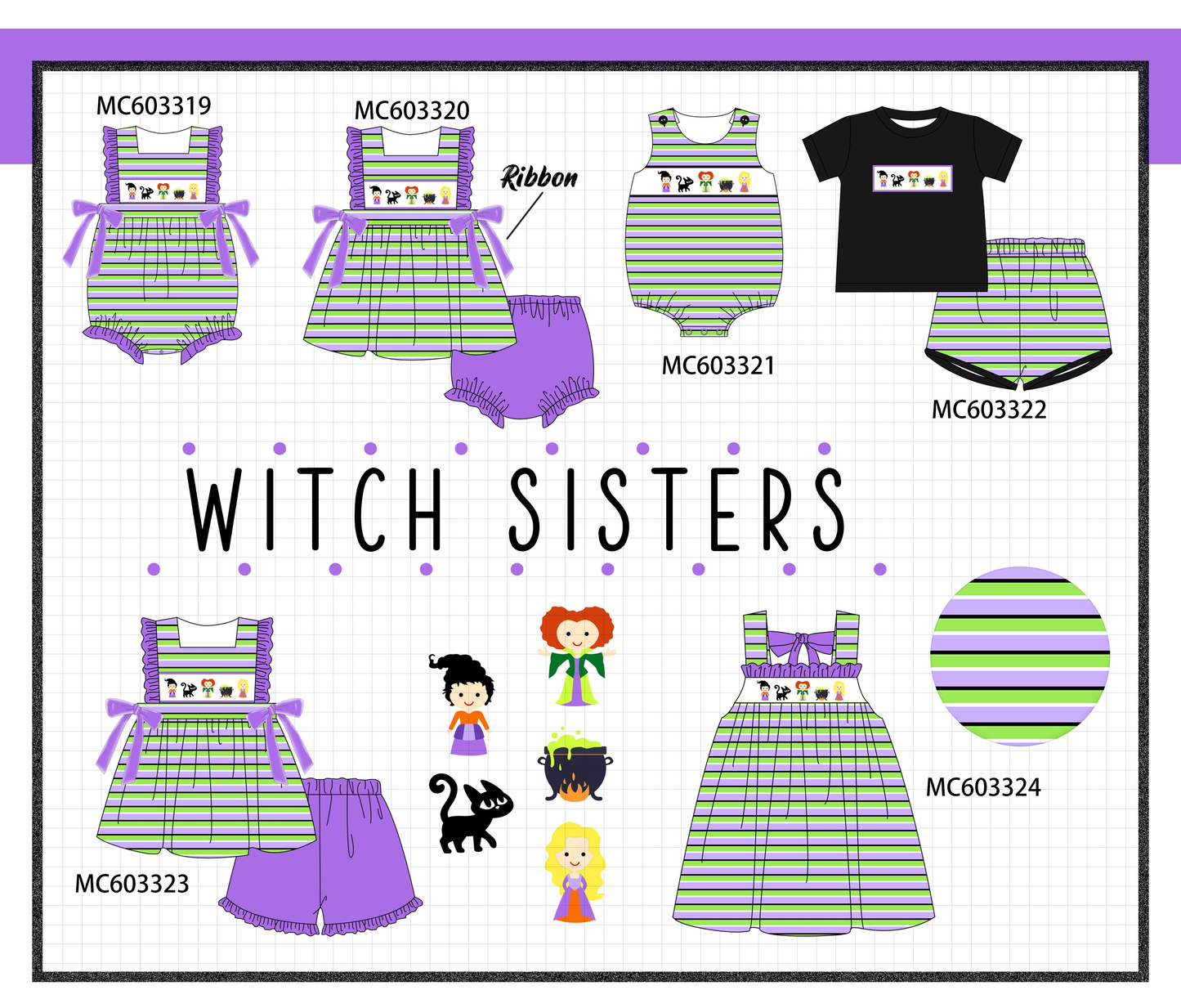 PO83 Green halloween witch sister embroidery stripe collection