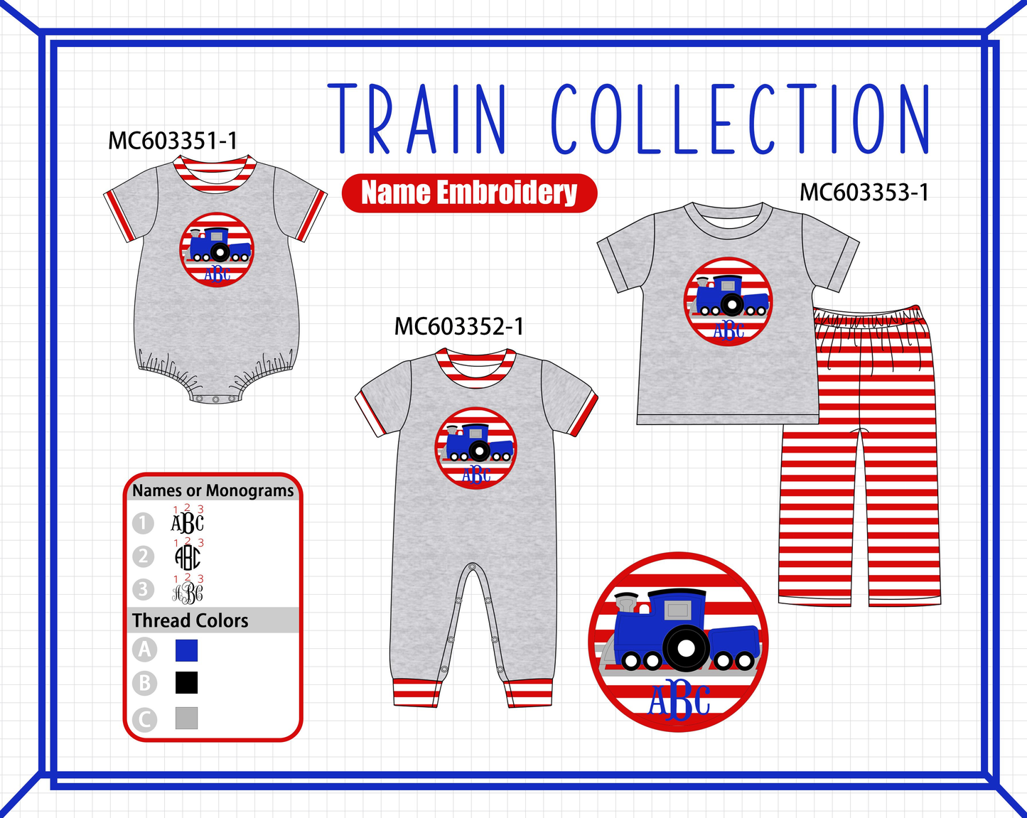 PO83 Grey train applique monogram embroidery collection
