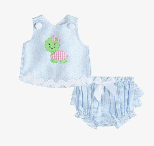 Light Blue Seersucker Turtle Top Bloomer Set