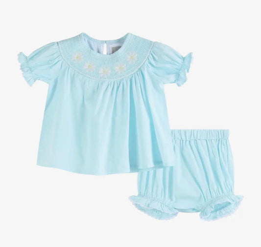 Light Blue Daisy Smocked Dress Bloomer Set