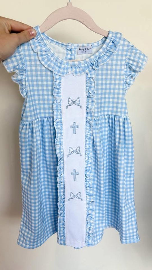 Blue Cross Bow Embroidery Ruffle Gingham