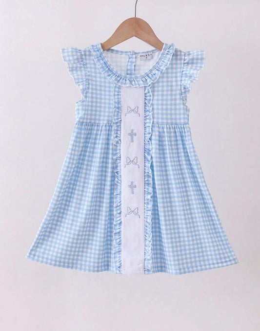 Blue Cross Bow Embroidery Ruffle Gingham