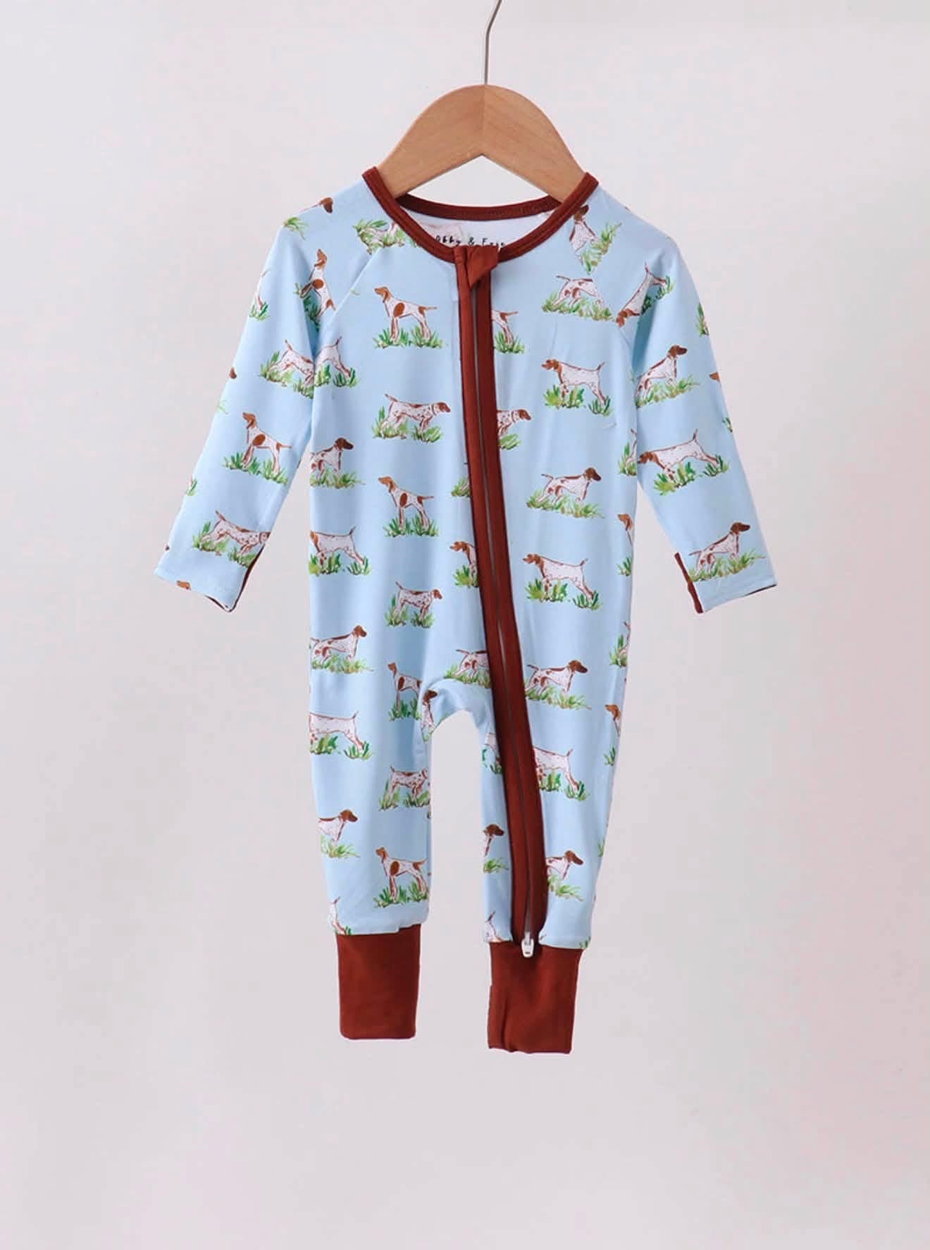 Blue puppy hunting bamboo zipper romper
