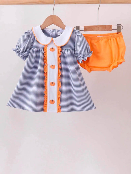Teal stripe pumpkin embroidery bloomer set