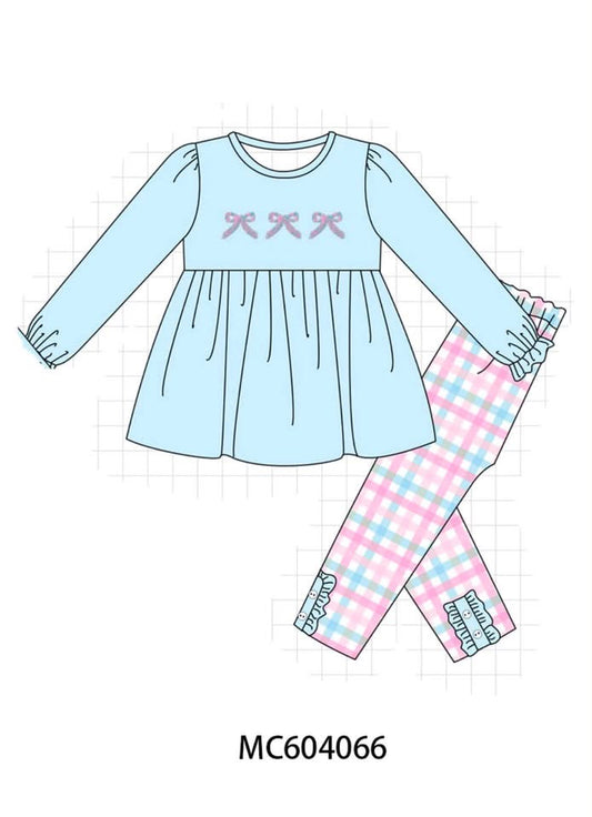 Blue bow french knot plaid pants set