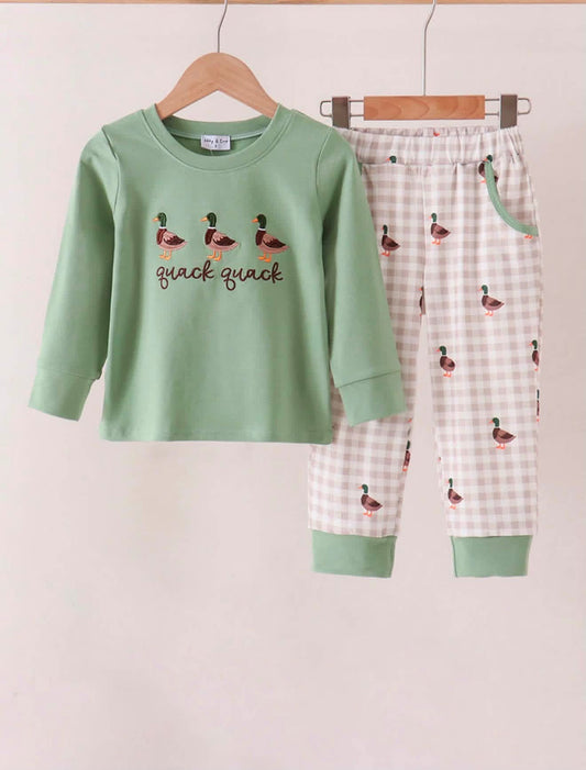 Green Duck quack quack Embroidery Gingham Pants set