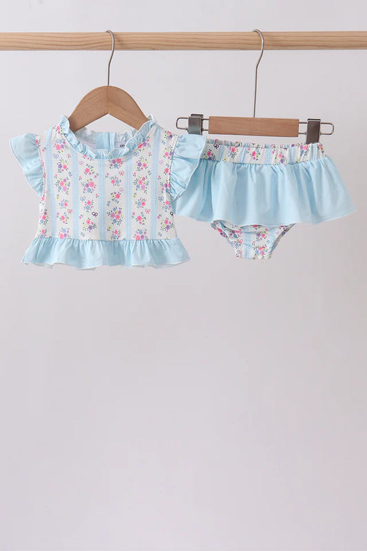 Blue Floral Ruffle 2pc Swimsuit