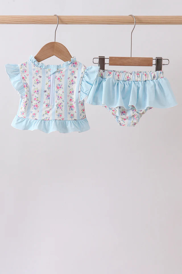 Blue Floral Ruffle 2pc Swimsuit