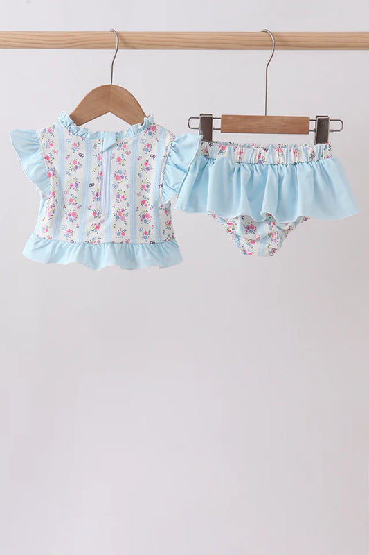 Blue Floral Ruffle 2pc Swimsuit