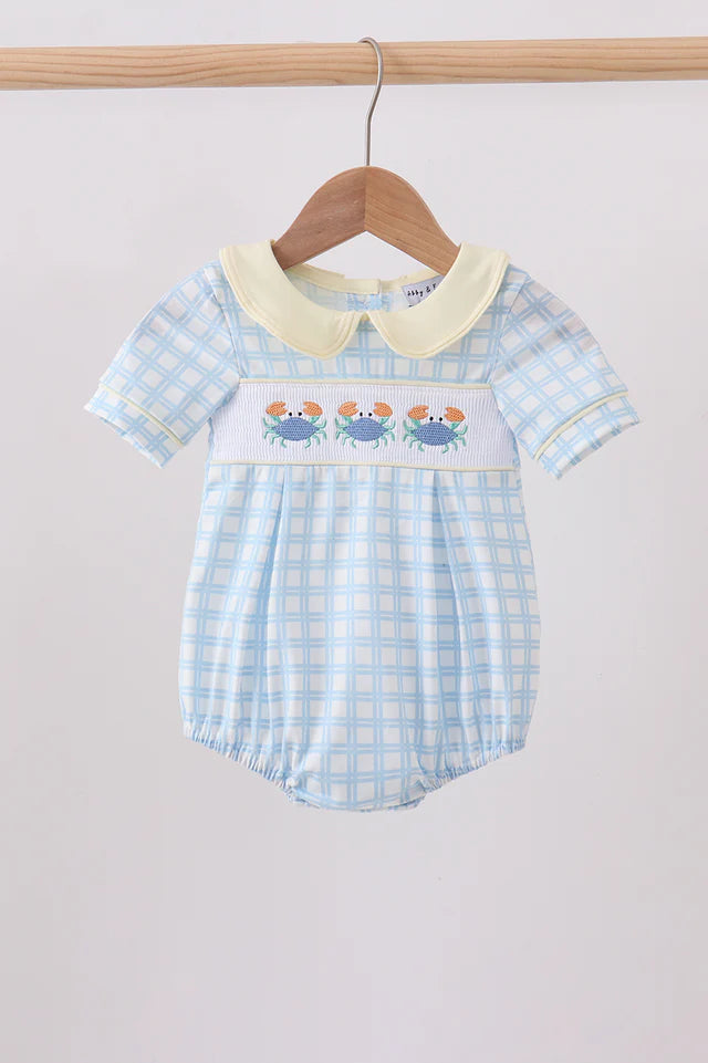 Yellow Crab Smocked Gingham Bubble