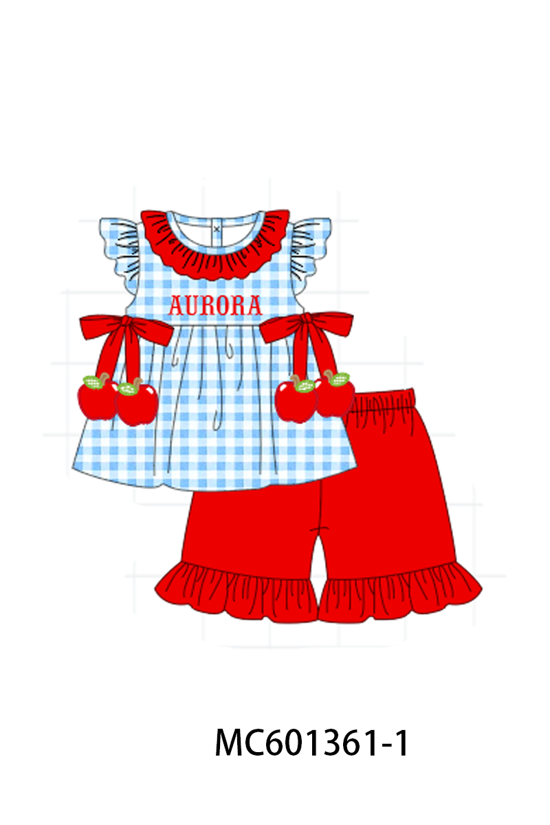 PO80 Red back to school apple monogram embroidery gingham collection