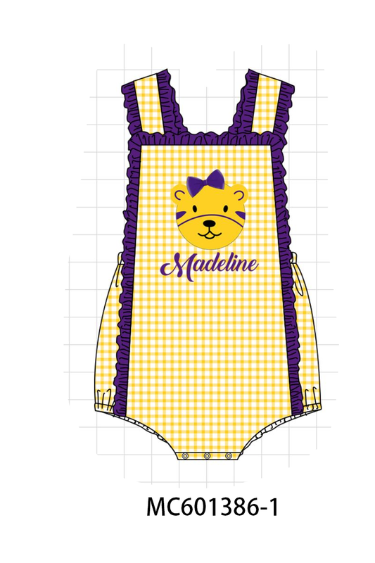 PO80 Purple LSU tiger applique monogram embroidery ruffle collection