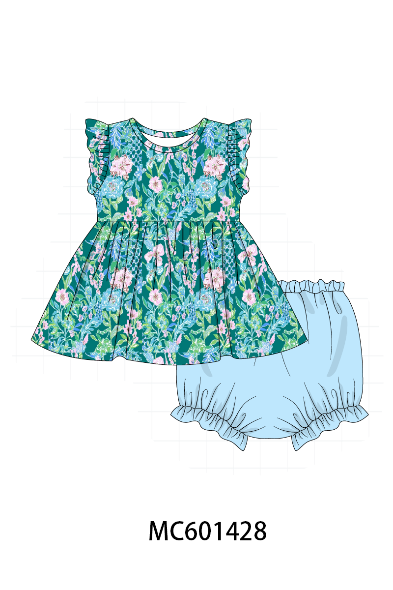 PO80 Green floral lily print ruffle collection
