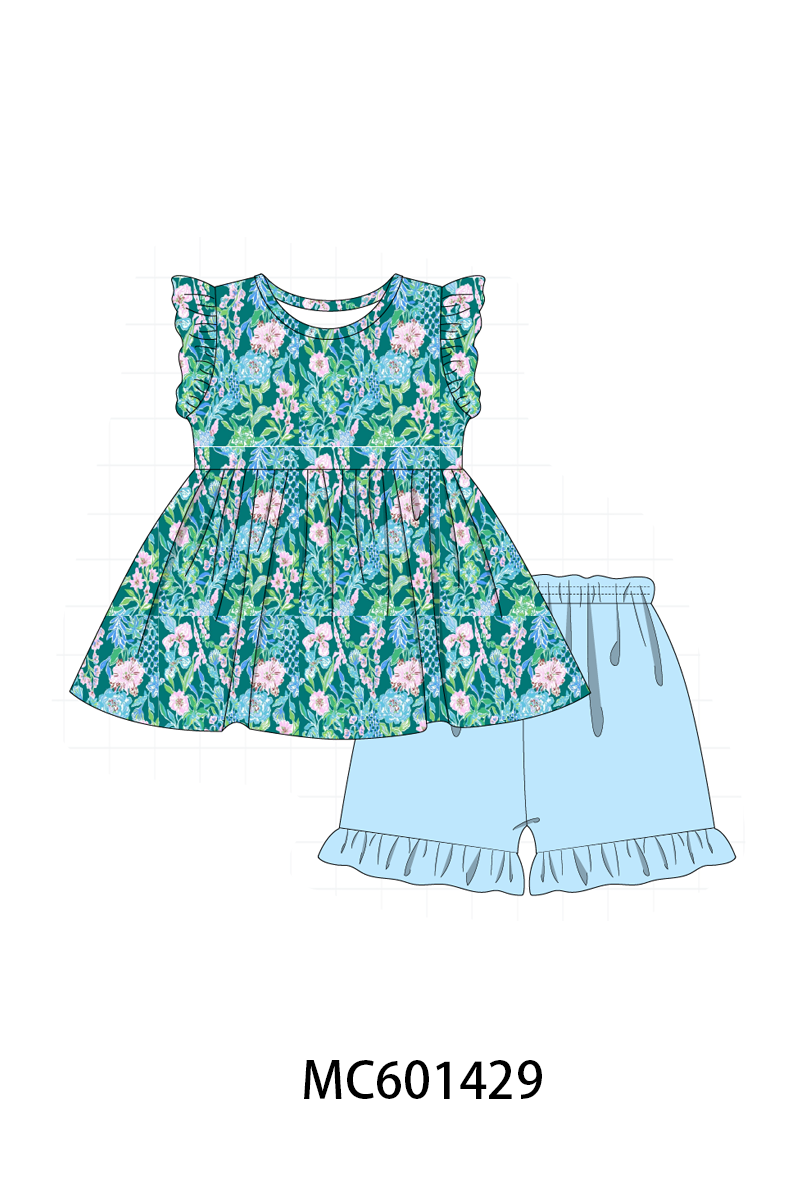 PO80 Green floral lily print ruffle collection
