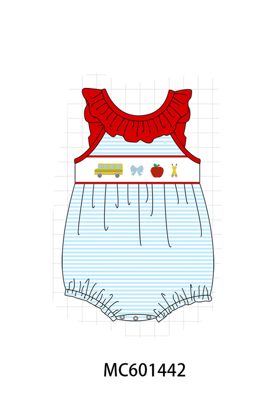 PO80 Red back to school bus bow apple pencil embroidery stripe collection