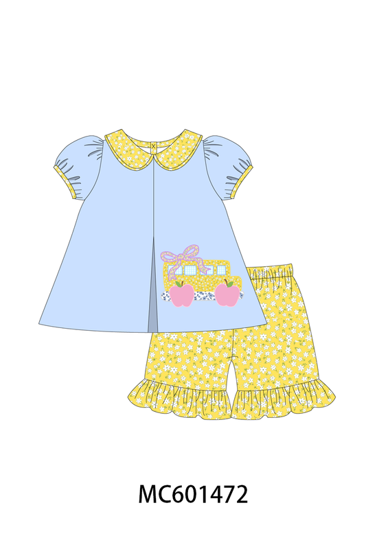 PO80 Blue back to school bus floral applique collection