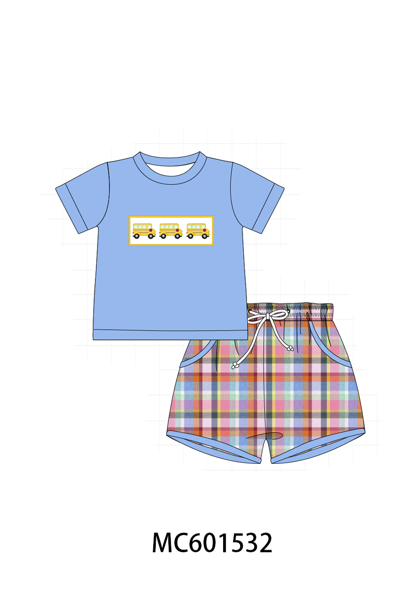 PO80 Back to school bus embroidery plaid collection