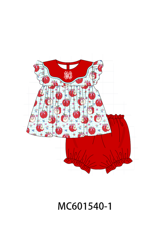 PO80 Red back to school apple print monogram embroidery denim collection