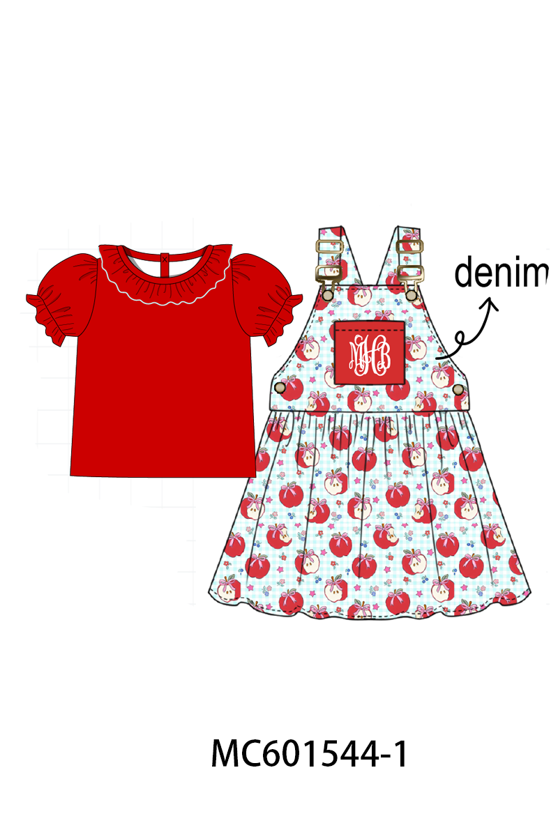 PO80 Red back to school apple print monogram embroidery denim collection