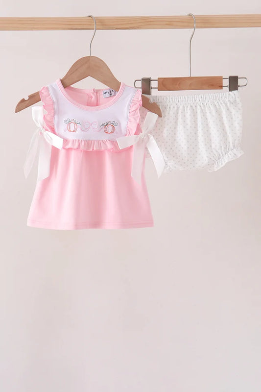 Pink Pumpkin Bow Embroidery Ruffle Bloomer Set