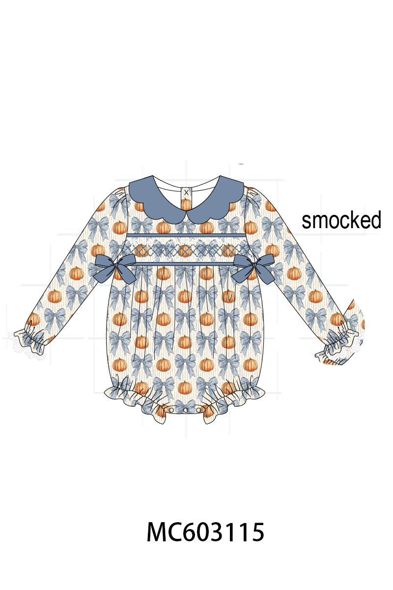 PO83 Blue pumpkin bow smocked gingham collection 1