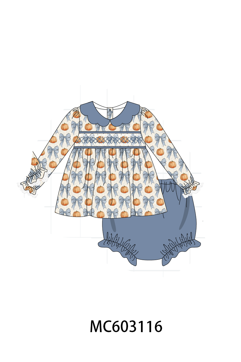 PO83 Blue pumpkin bow smocked gingham collection 1