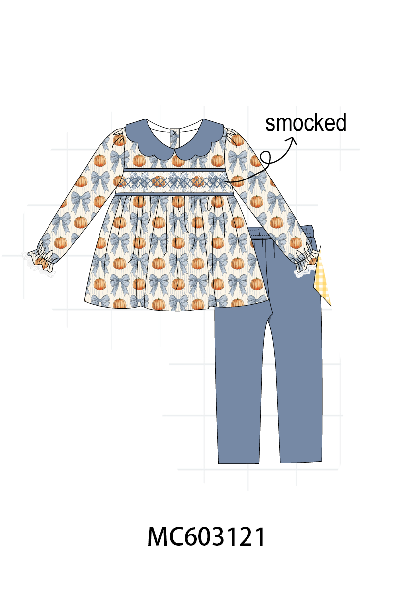 PO83 Blue pumpkin bow smocked gingham collection 2