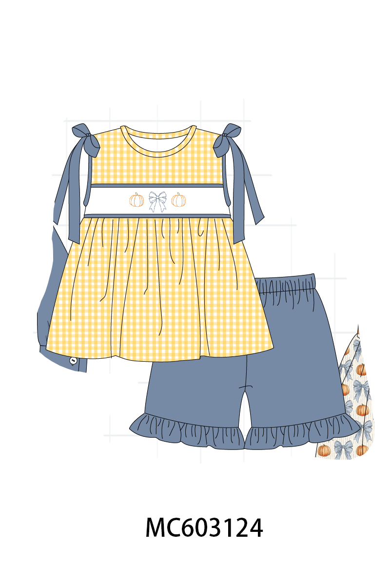 PO83 Blue pumpkin bow smocked gingham collection 2